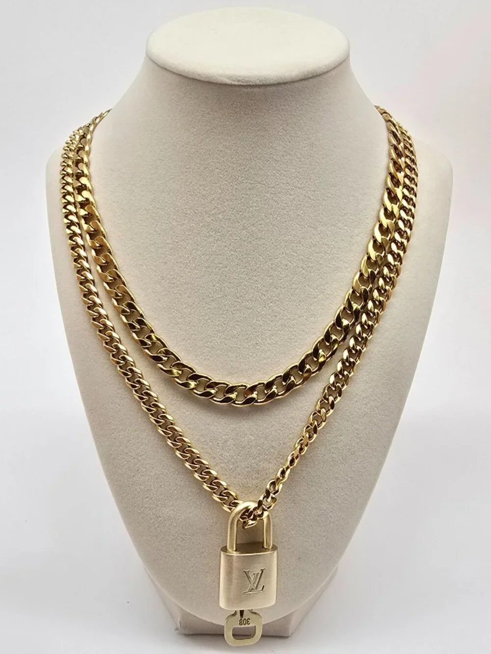 Authentic Louis Vuityon Gold Padlock Pendant with Stainless Steel 2 Cuban Style
